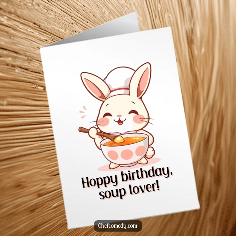 Funny Free Printable Birthday Card: A rabbit chef with a spoon, tasting soup with pure delight and joy.