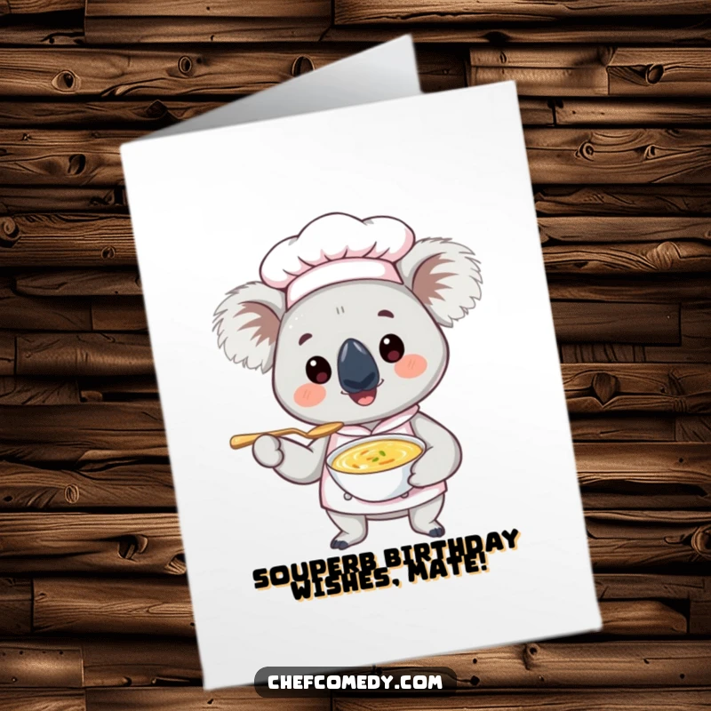 Funny Free Printable Birthday Card: Smiling koala chef offers a tiny spoon of soup, a delightful DIY gift.