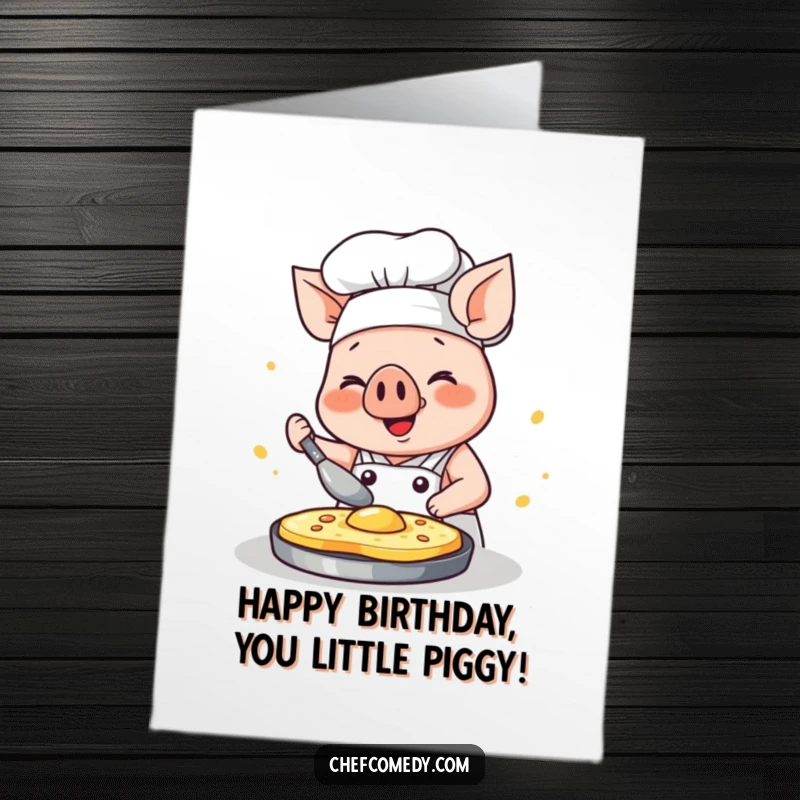 Funny Free Printable Birthday Card: Kawaii pig chef concentrating happily while flipping a pancake with glee.