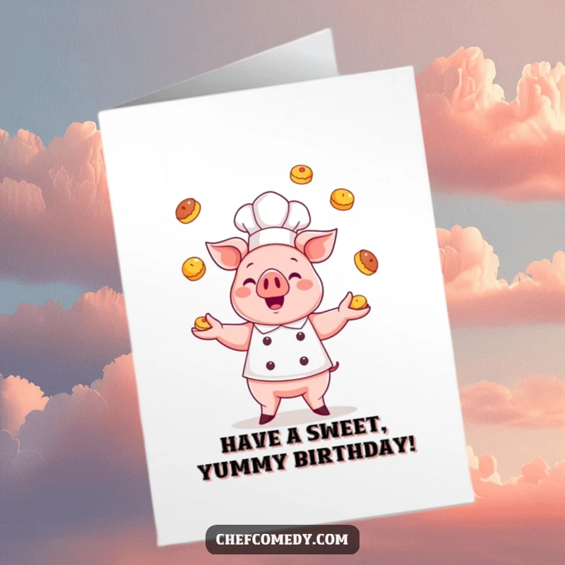 Funny Free Printable Birthday Card: Kawaii pig chef gleefully juggling small, delicious pastries with a happy expression.