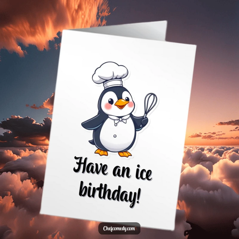 Funny Free Printable Birthday Card: A penguin chef in a tall hat holding a whisk, ready to celebrate a birthday.
