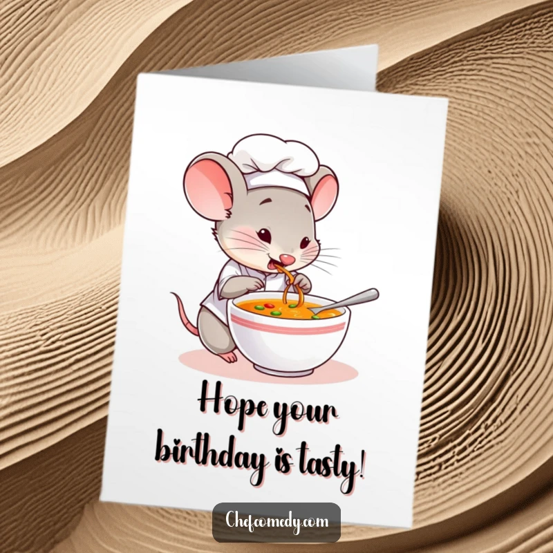 Funny Free Printable Birthday Card: A mouse chef curiously tastes soup, a delightful culinary moment for a birthday.