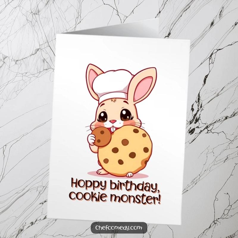 Funny Free Printable Birthday Card: Rabbit chef with wide eyes happily tastes a giant cookie, a sweet downloadable gift.