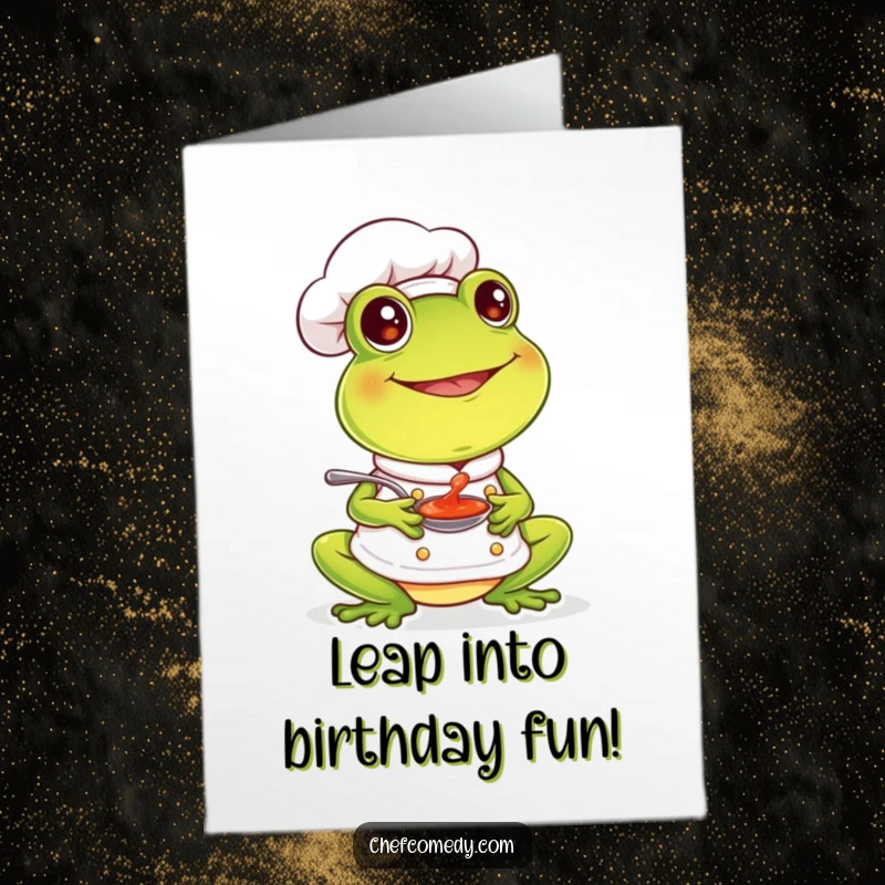 Funny Free Printable Frog Chef Card: A bouncing frog chef smiles while tasting sauce, celebrating a delicious birthday.