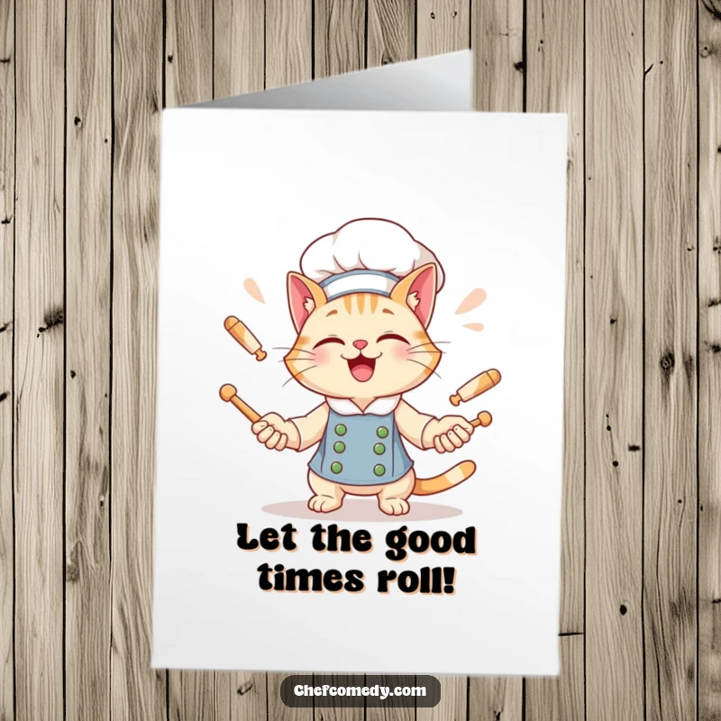 Funny Free Printable Birthday Card: Giggling cat chef juggles rolling pins with a wide grin, full of energy.