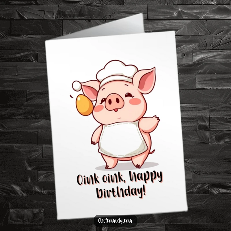 Funny Free Printable Pig Chef Birthday Card, showing a surprised pig chef dodging a flying egg with a tiny apron.