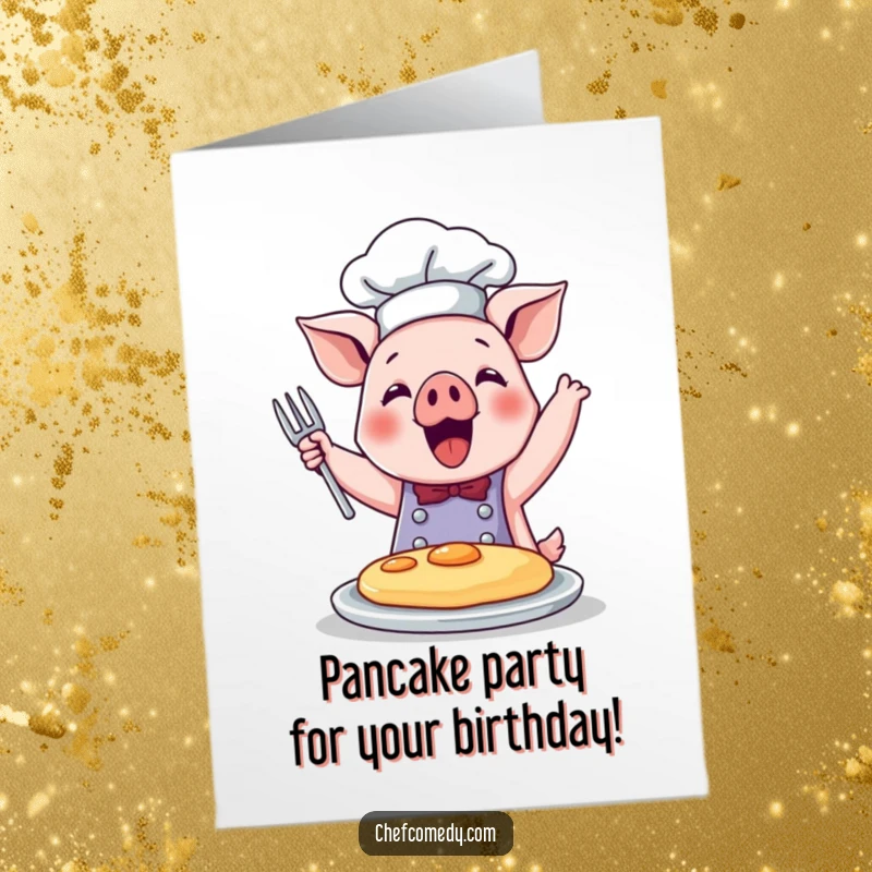 Funny Free Printable Pig Chef Birthday Card: A cute pig chef joyfully flips a pancake with a spatula.