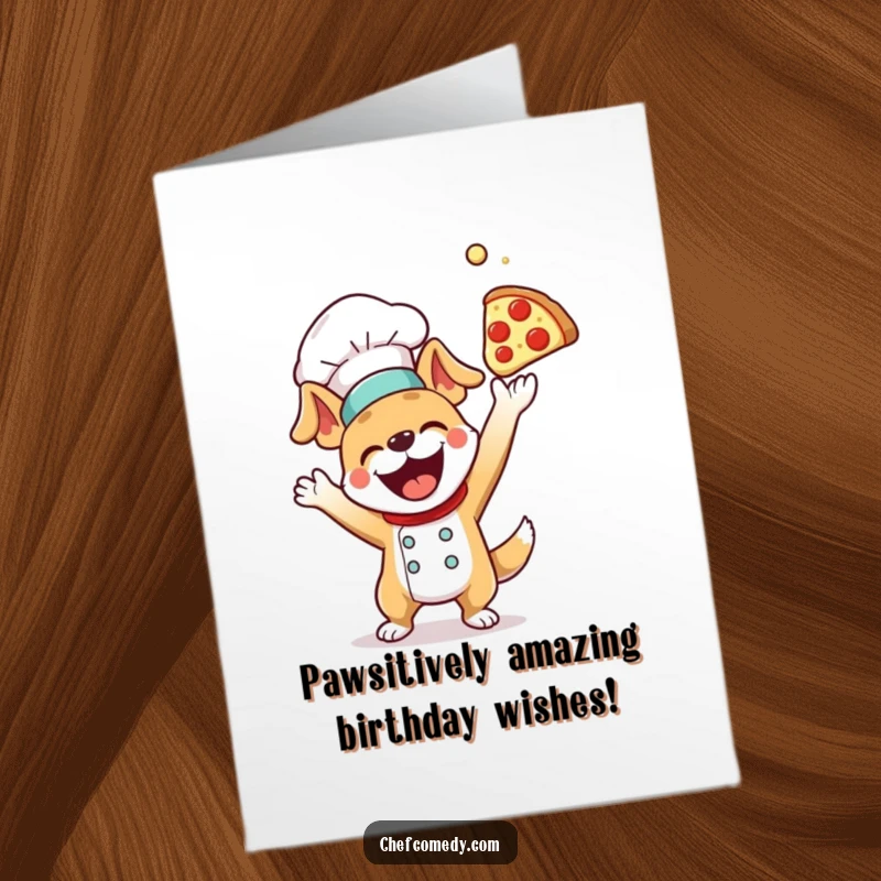 Funny Free Printable Dog Chef Birthday Card: A playful dog chef enthusiastically tosses pizza dough high in the air.