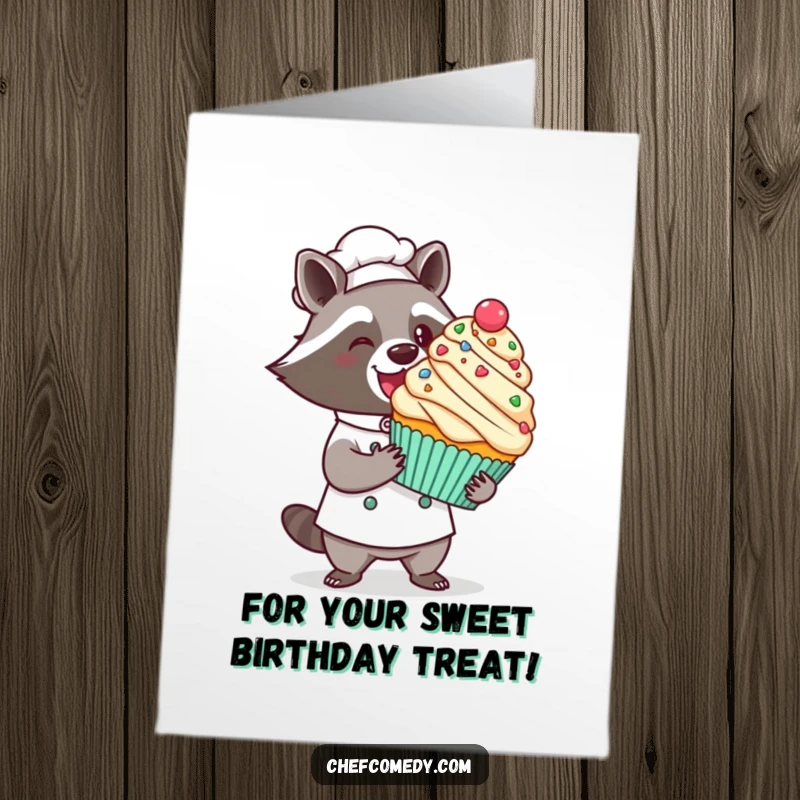 Funny Free Printable Birthday Card: Kawaii raccoon chef proudly presents a giant decorated cupcake with a flourish.