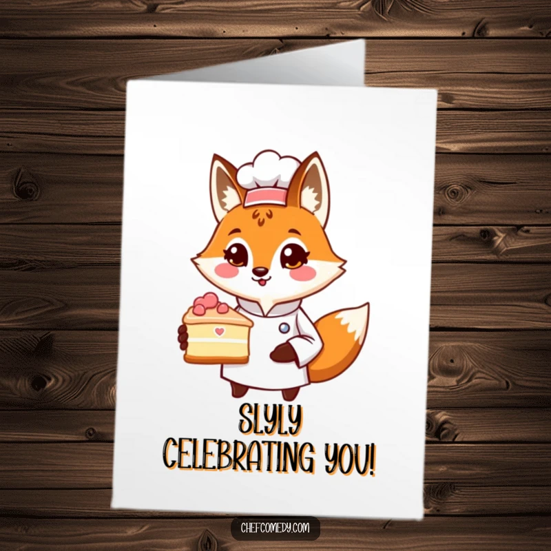 Funny Free Printable Birthday Card shows a fox chef proudly presenting a delicious cake slice, wishing happy birthday.