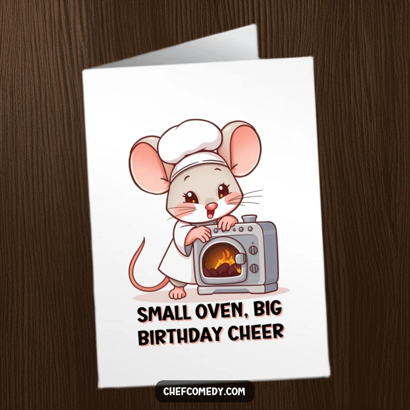 Funny Free Printable Birthday Card: Tiny mouse chef working hard, fanning a small oven with a determined, comical expression.