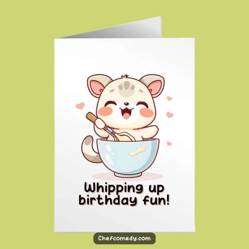Free Printable Birthday Card: Whisking Kawaii Animal, Funny Downloadable Greeting Gift for Bakers