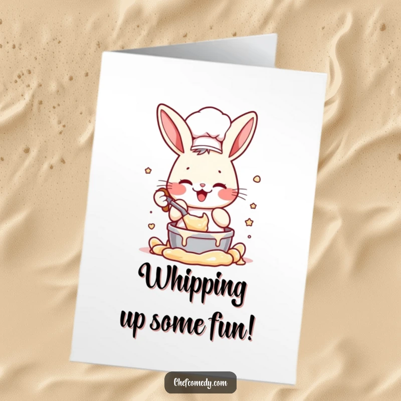Funny Free Printable Birthday Card: a rabbit chef enthusiastically mixing batter, ready to bake a birthday cake.