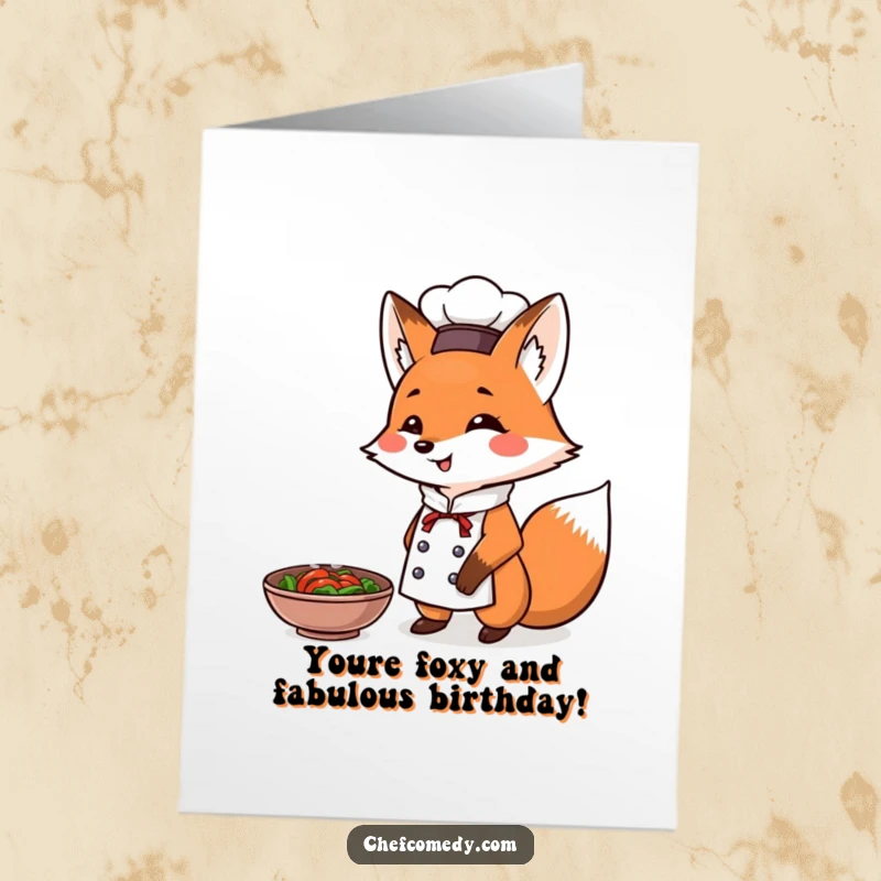 Funny Free Printable Birthday Card: Triumphant fox chef presents a steaming dish, a masterful downloadable gift.