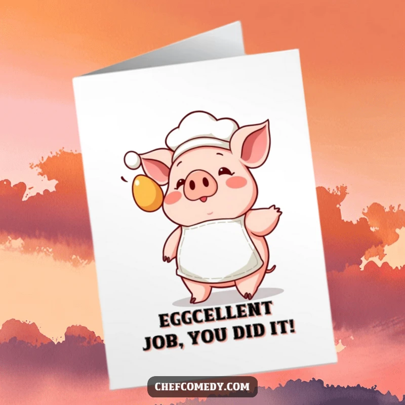 Funny Free Printable Pig Chef Congratulations Card, depicting a startled pig chef wearing an apron as an egg flies by.