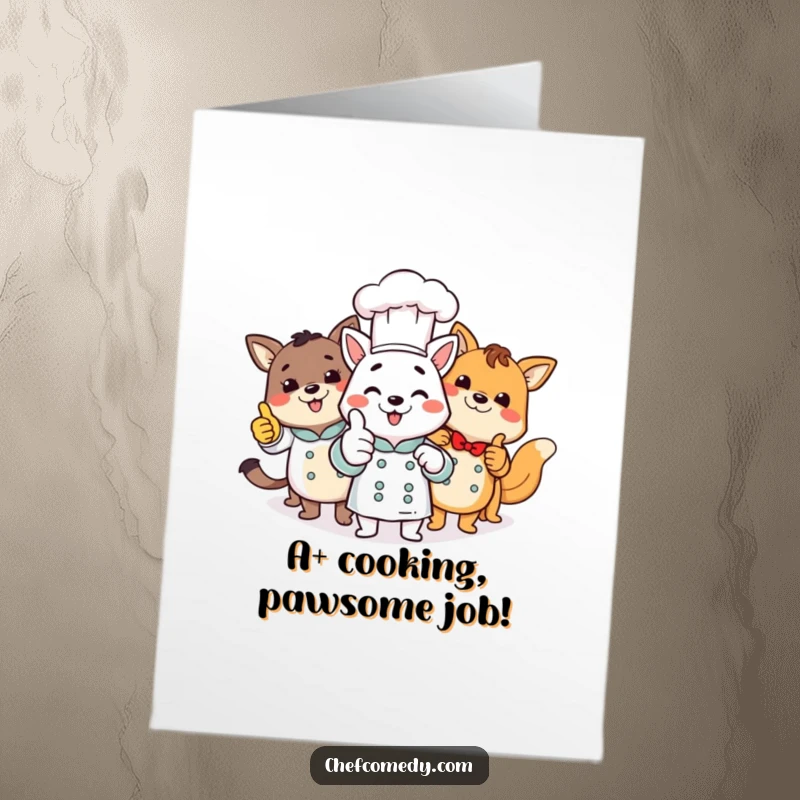Funny Free Printable Congratulations Card: A delightful group of animal chefs shows their approval with thumbs up.