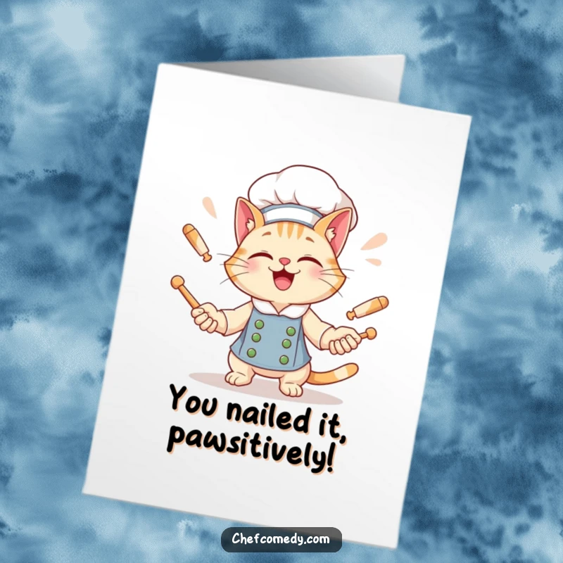 Funny Free Printable Congratulations Card: Giggling cat chef playfully juggles rolling pins, celebrating success.
