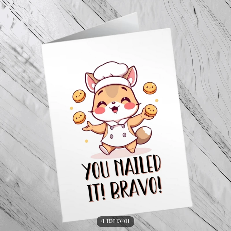 Funny Free Printable Chef Animal Congratulations Card: A chef animal juggles pastries, celebrating achievements. Sweet downloadable gift.