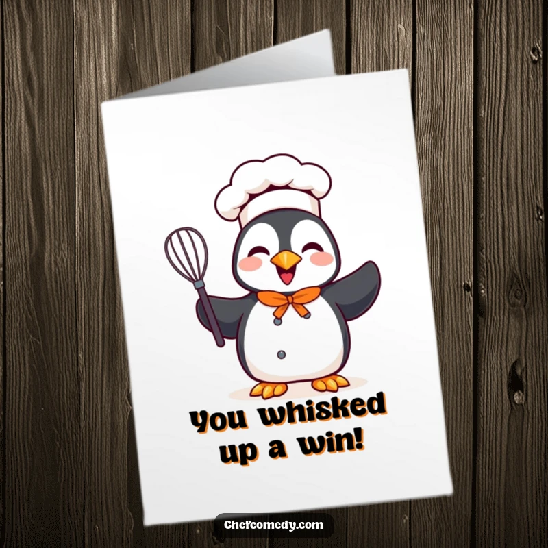 Funny Free Printable Congrats Card: A cheerful penguin chef holds a whisk, celebrating a successful creation.