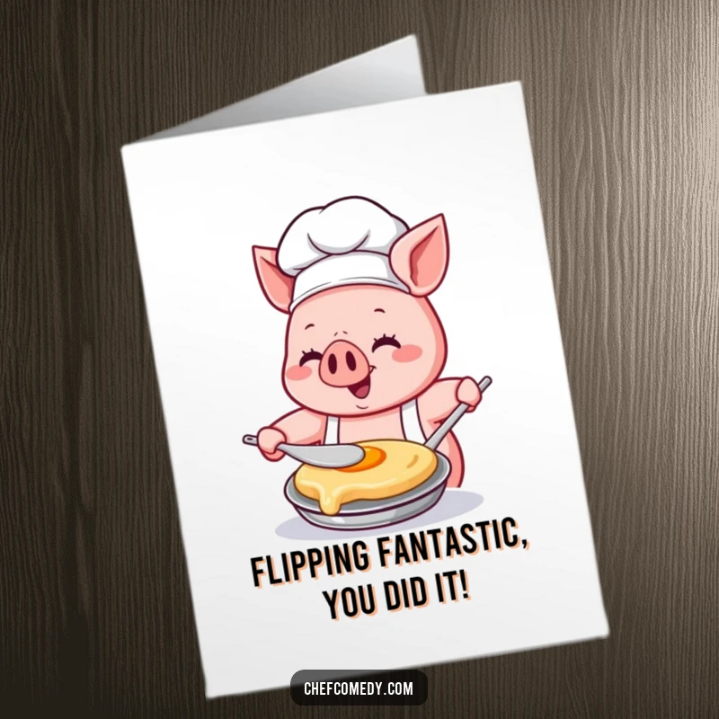 Funny Free Printable Congratulations Card: Cute Kawaii pig chef showcasing pancake flipping skills with concentration and joyful glee.