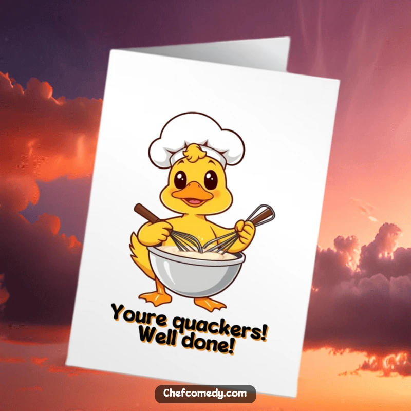 Free Printable Congratulations Card: A focused duck chef vigorously whisks batter, symbolizing the effort leading to grand achievements.