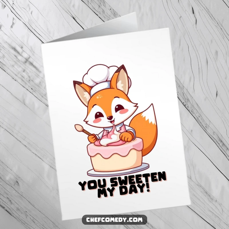 Funny free printable congratulations card with a cheerful fox chef frosting a cake, perfect for celebrating achievements.
