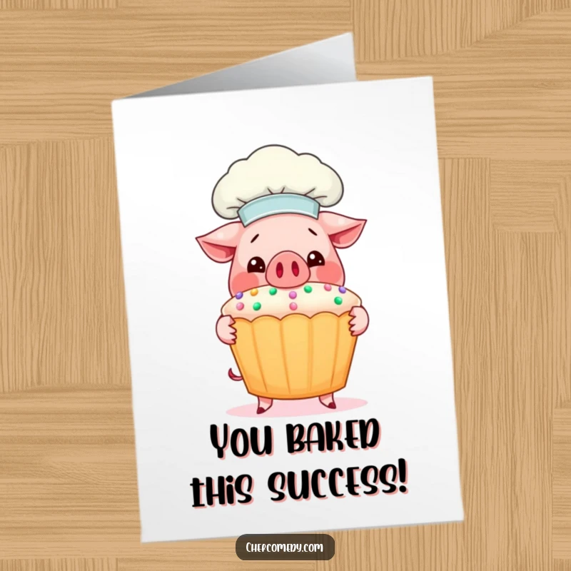 Funny Free Printable Congratulations Card: Smiling pig chef proudly shows off a giant cupcake, celebrating achievement.