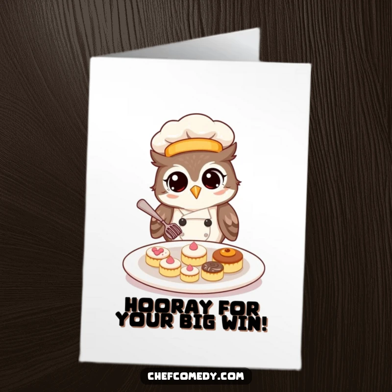 Funny free printable congratulations card with a wise owl chef arranging delicate pastries, celebrating smart achievements.