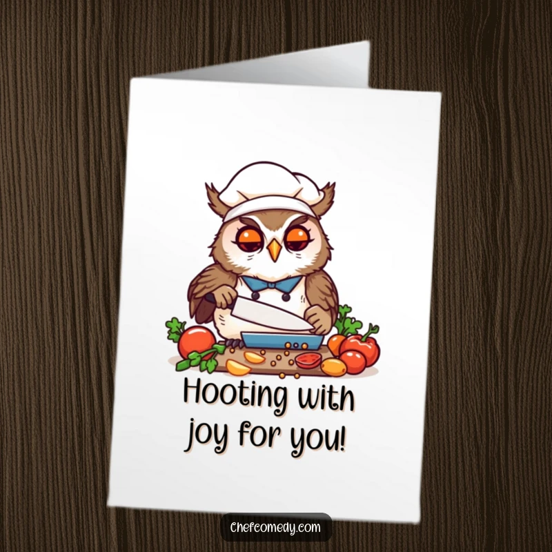 Funny free printable congratulations card: Kawaii owl chef expertly chopping vegetables, symbolizing a perfectly executed achievement with joy.