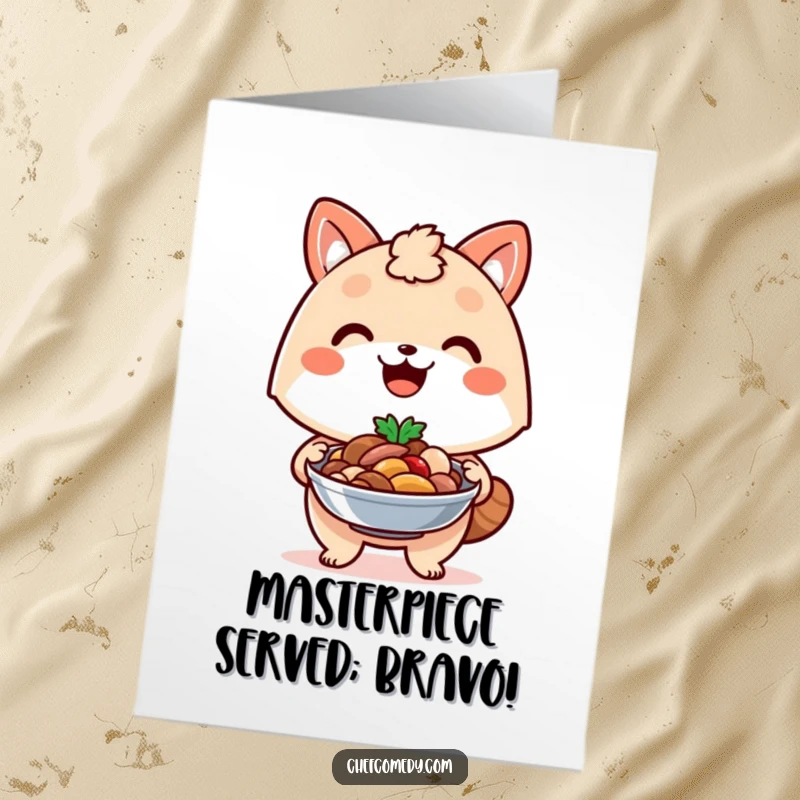 Funny Free Printable Congrats Card: Kawaii animal beams proudly, presenting a delectable dish as a symbol of achievement.