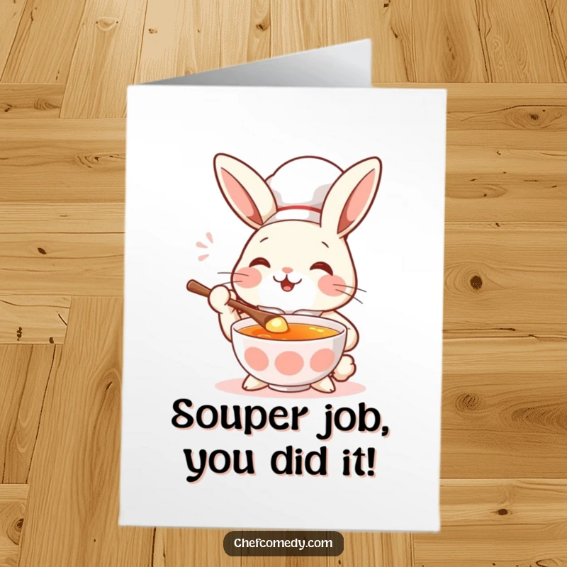 Funny Free Printable Congratulations Card: Rabbit chef smiling widely while tasting soup, celebrating a great success.