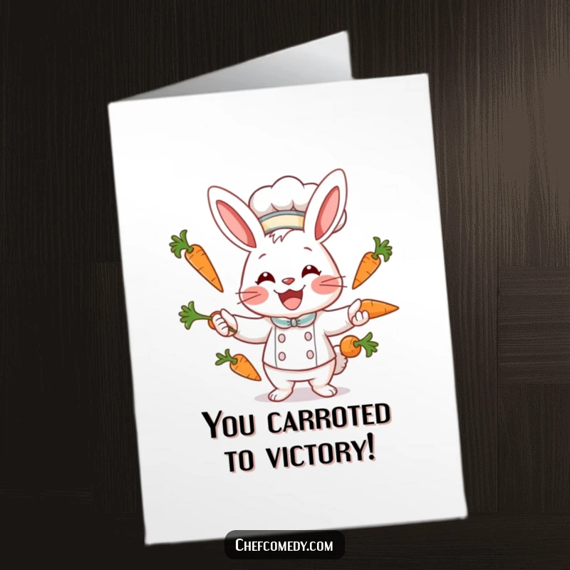 Funny Free Printable Congratulations Card: Smiling rabbit chef performing an impressive carrot juggling act, celebrating a milestone.