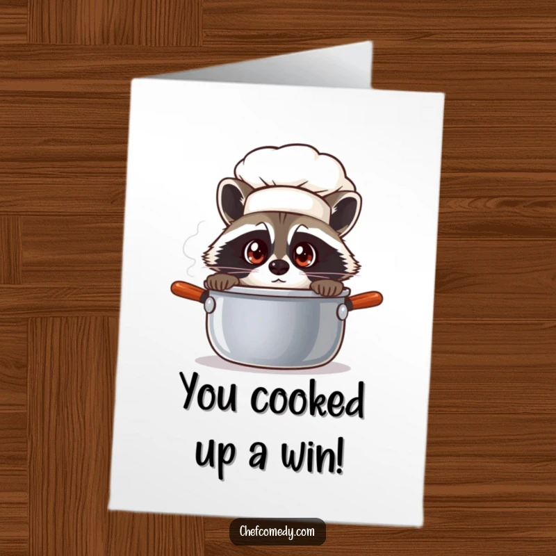 Funny Free Printable Raccoon Chef Card: A surprised raccoon chef peeks into a steaming pot, celebrating your success.
