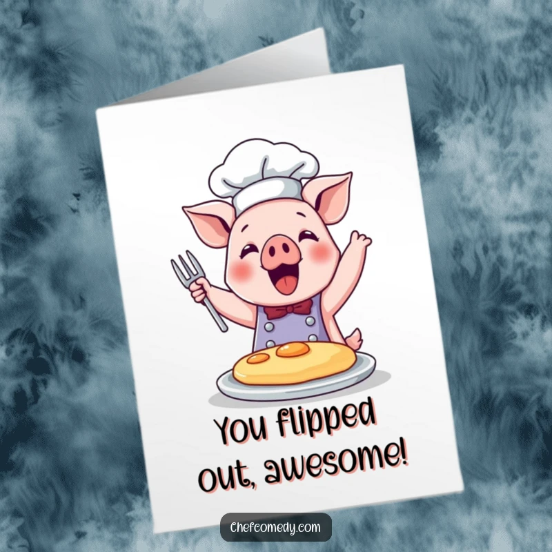 Funny Free Printable Pig Chef Congratulations Card: A cute pig chef joyfully flips a pancake in mid-air.