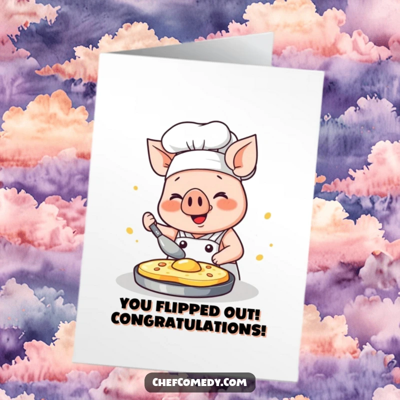 Funny Free Printable Congratulations Card: A kawaii pig chef happily flips a pancake with immense concentration and glee.