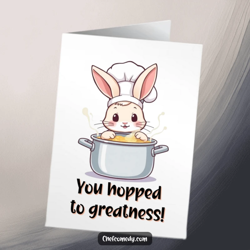 Funny Free Printable Rabbit Chef Congratulations Card: A curious rabbit chef gazes intently into a steaming, bubbling pot.