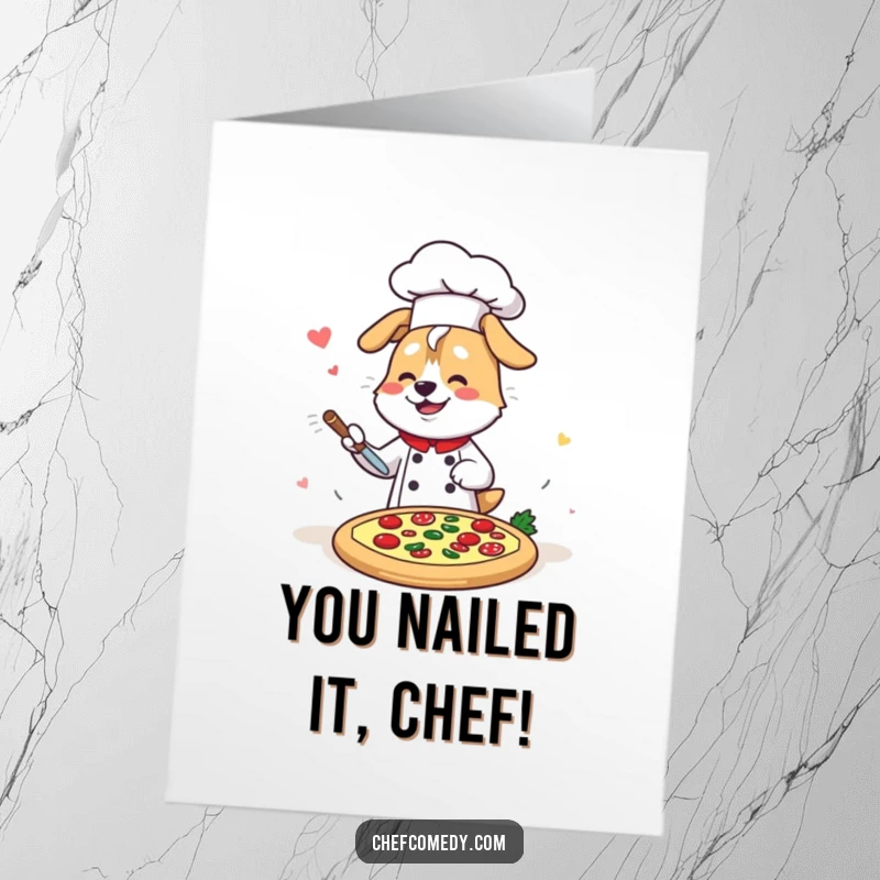 Funny free printable congratulations card: Kawaii dog chef joyfully decorating a pizza, symbolizing a successful achievement with flair.