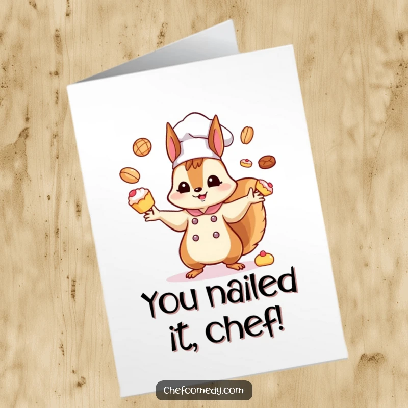 Funny free printable congrats card: A cute kawaii squirrel chef expertly juggling delicious pastries, celebrating success with flair.