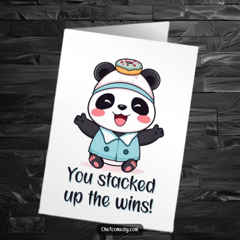 Funny Free Printable Panda Chef Card: A joyful panda chef balances donuts, celebrating your sweet accomplishment.