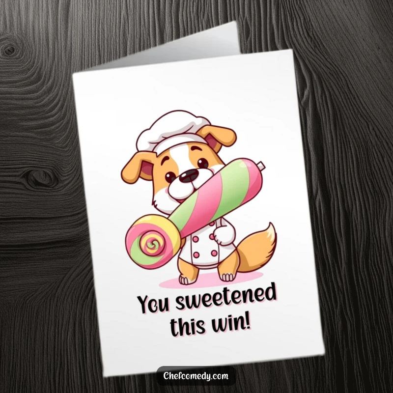 Funny free printable congratulations card with a proud dog chef presenting a giant lollipop, celebrating a sweet win.
