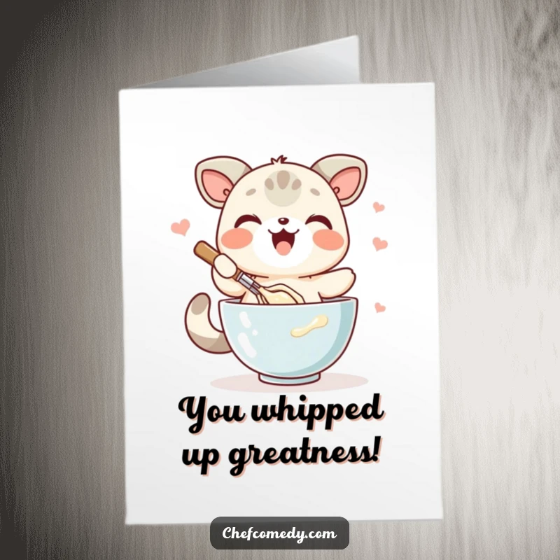 Funny Free Printable Congrats Card: Kawaii animal energetically whisking batter in a bowl, celebrating success.