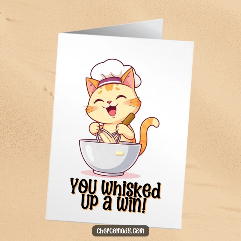 Funny Free Printable cat chef congratulations card, energetically whisking batter in a bowl to celebrate success.