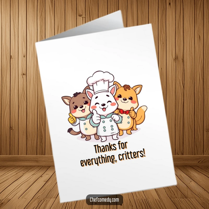 Funny Free Printable Thank You Card: A friendly crew of animal chefs offers warm thanks with thumbs up.