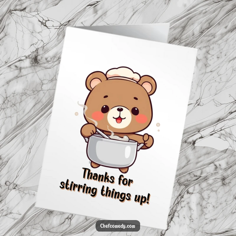 Funny free printable thank you card featuring a smiling bear chef stirring a pot, offering warm thanks.
