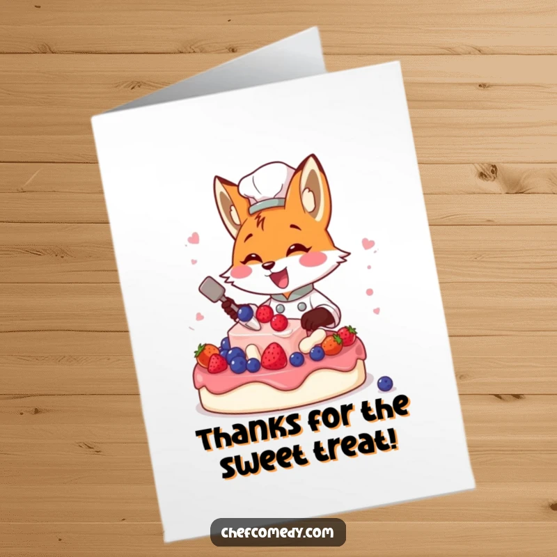 Funny Free Printable Thank You Card: Fox chef holding a berry with a grateful expression, perfect for saying thanks.