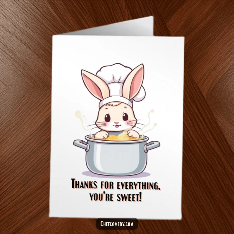 Funny Free Printable Rabbit Chef Thank You Card: A cute rabbit chef peeks with curiosity into a gently bubbling cauldron.