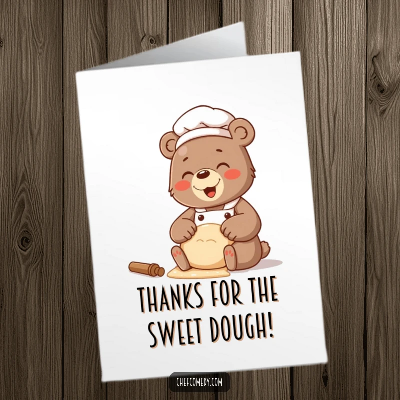 Funny Free Printable Bear Chef Thank You Card: A bear chef giggling while kneading dough with a smile.