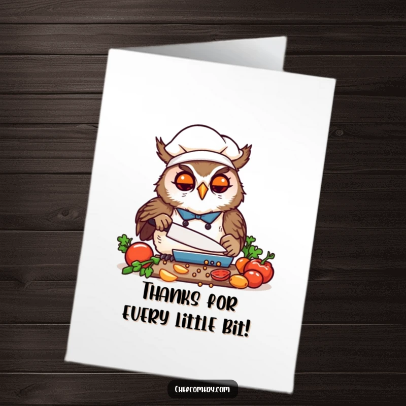 Funny free printable thank you card: Kawaii owl chef meticulously chopping vegetables, conveying gratitude with focus and a happy demeanor.