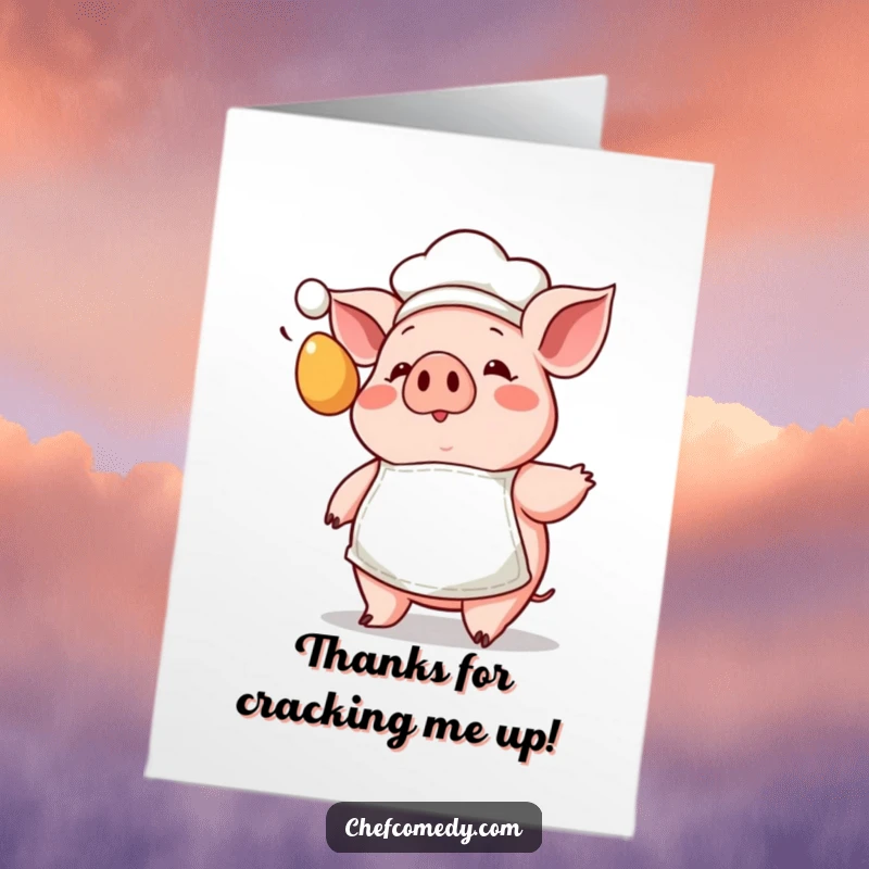 Funny Free Printable Pig Chef Thank You Card, capturing a kawaii pig chef looking shocked by a mid-air flying egg.