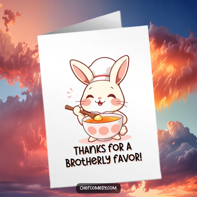 Funny Free Printable Thank You Card: Rabbit chef with a contented expression tasting yummy soup, conveying thanks.